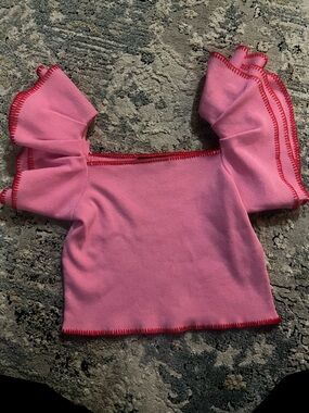 Pink Ruffle Sleeve Crop Top with Contrast Stitching